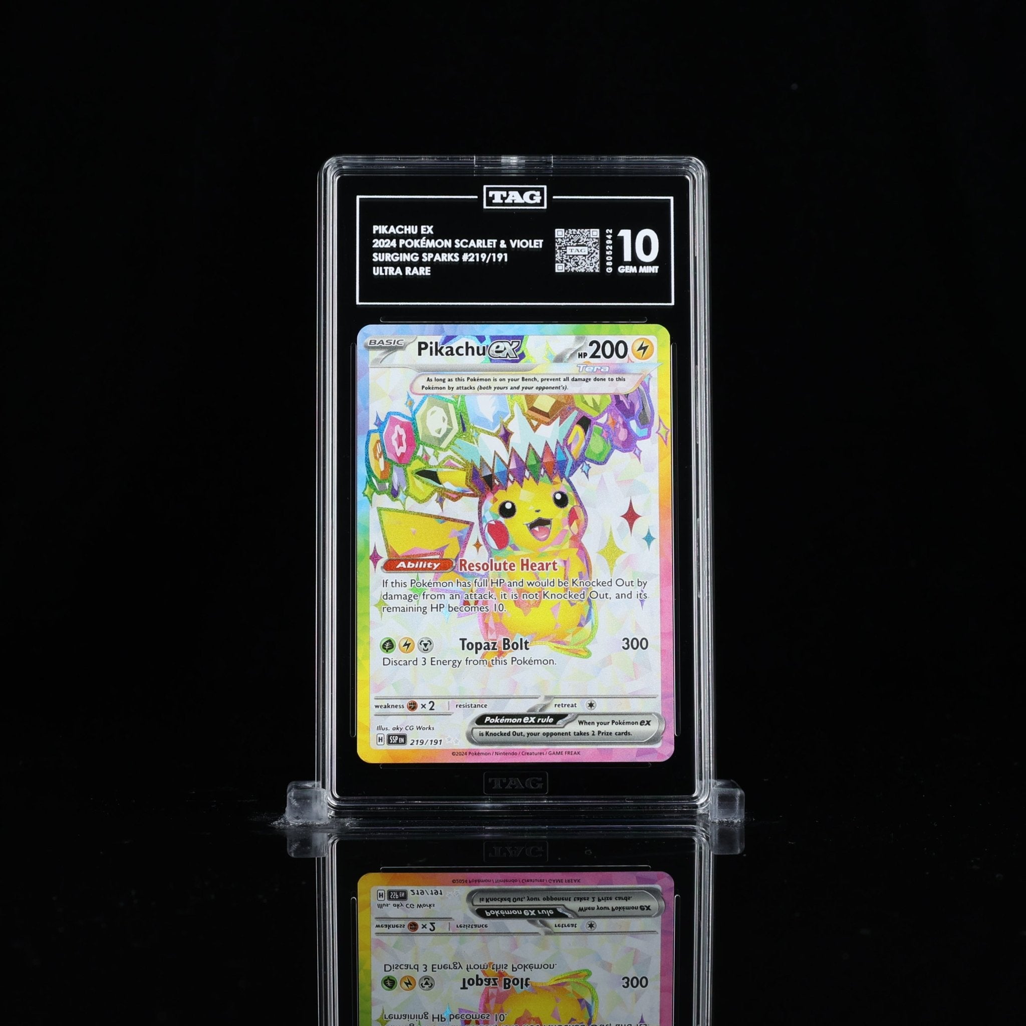 TAG 10 GEM MINT Pikachu ex – 2024 Pokémon Scarlet & Violet Surging Sparks Ultra Rare #219/191_G8052942 - TCG TREASURY