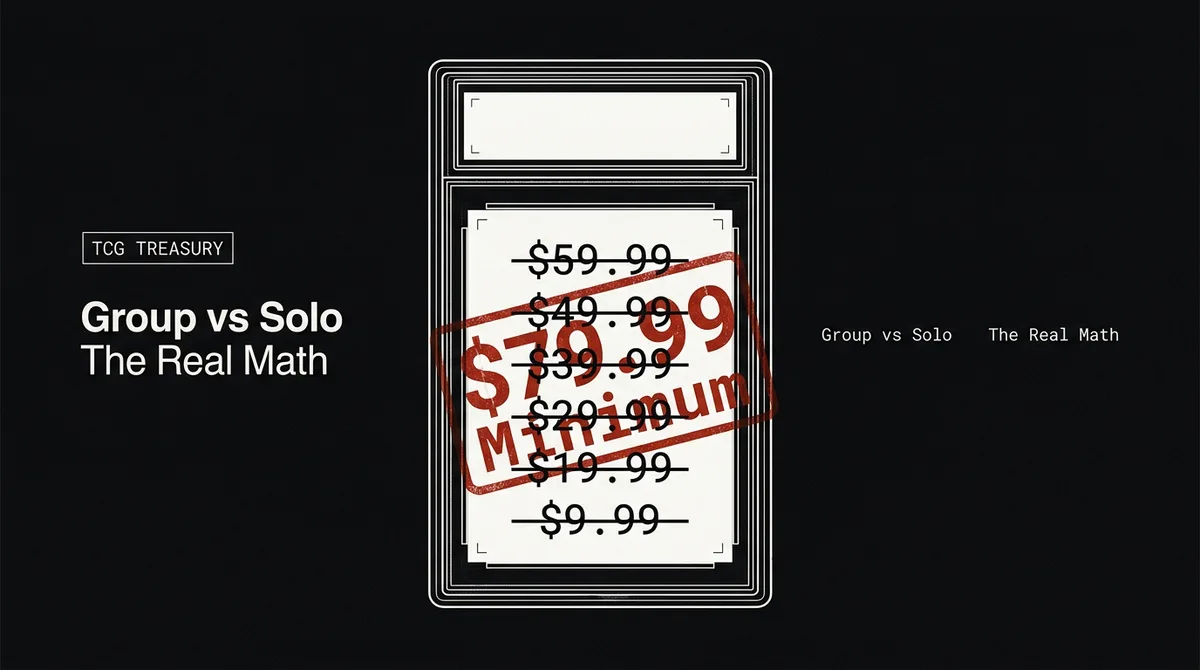 A stark black-and-white editorial composition showing a grading slab rendered as a formal ledger entry, with a bold red price figure — $79.99 — stamped across a