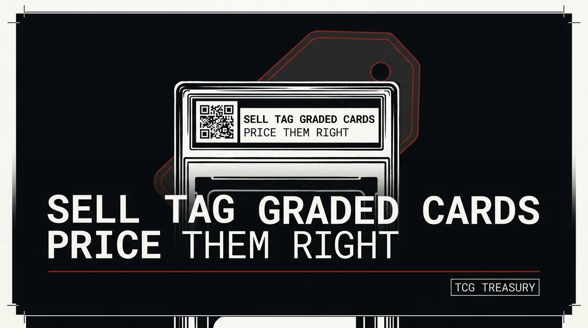 A bold monochrome stamp-style composition: a single graded card slab rendered as a stark black-and-white line illustration, centered, with a corner QR-code moti