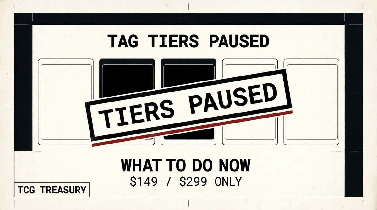 A heavy black ink stamp-style rectangle reading "TIERS PAUSED" struck diagonally across a ruled grid of five empty card-slot outlines; three slots are crossed o